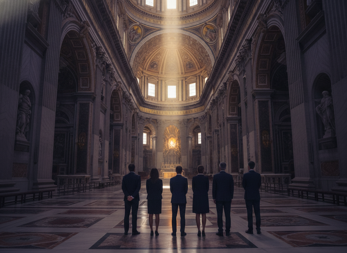 Interno della Basilica di San Pietro con un gruppo in contemplazione